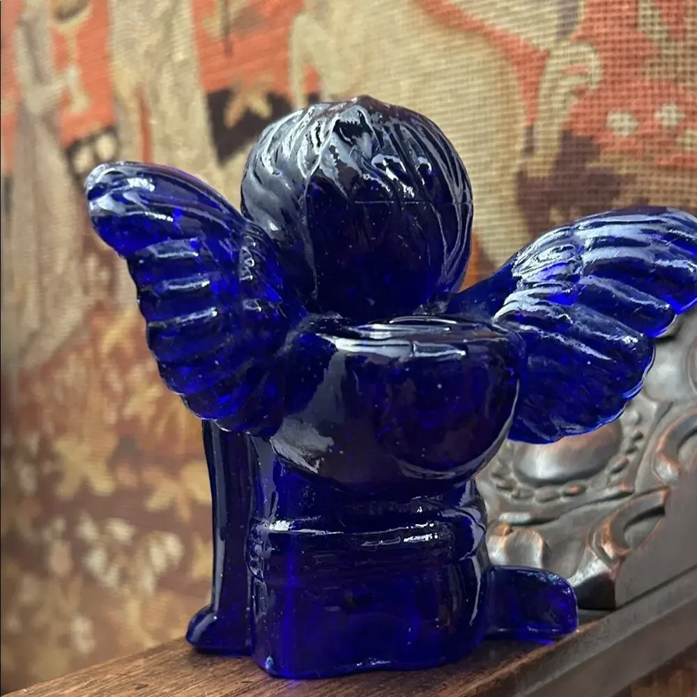 Vintage Deep Blue Cobalt Art Glass Cherub Angel Candle Holder